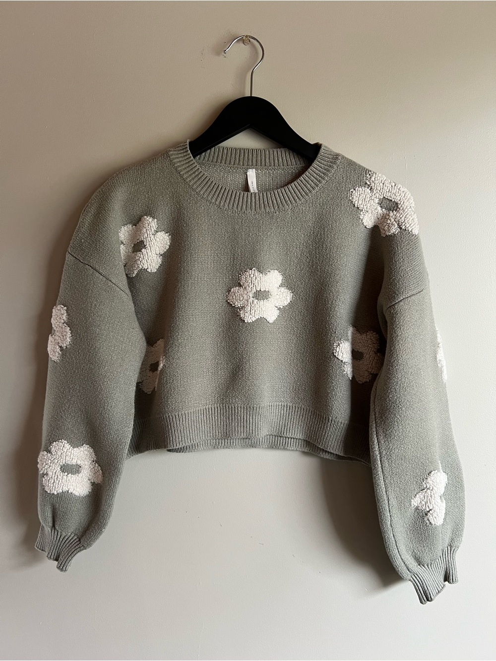 Dreamers by Debut Size Small Sage Floral Applique Cropped Sweater Balloon Sleeve